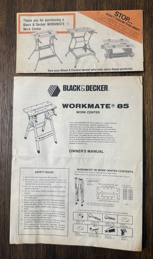 Black & Decker WORKMATE 85 Work Center Owners Operators Manual + Insert No Bench