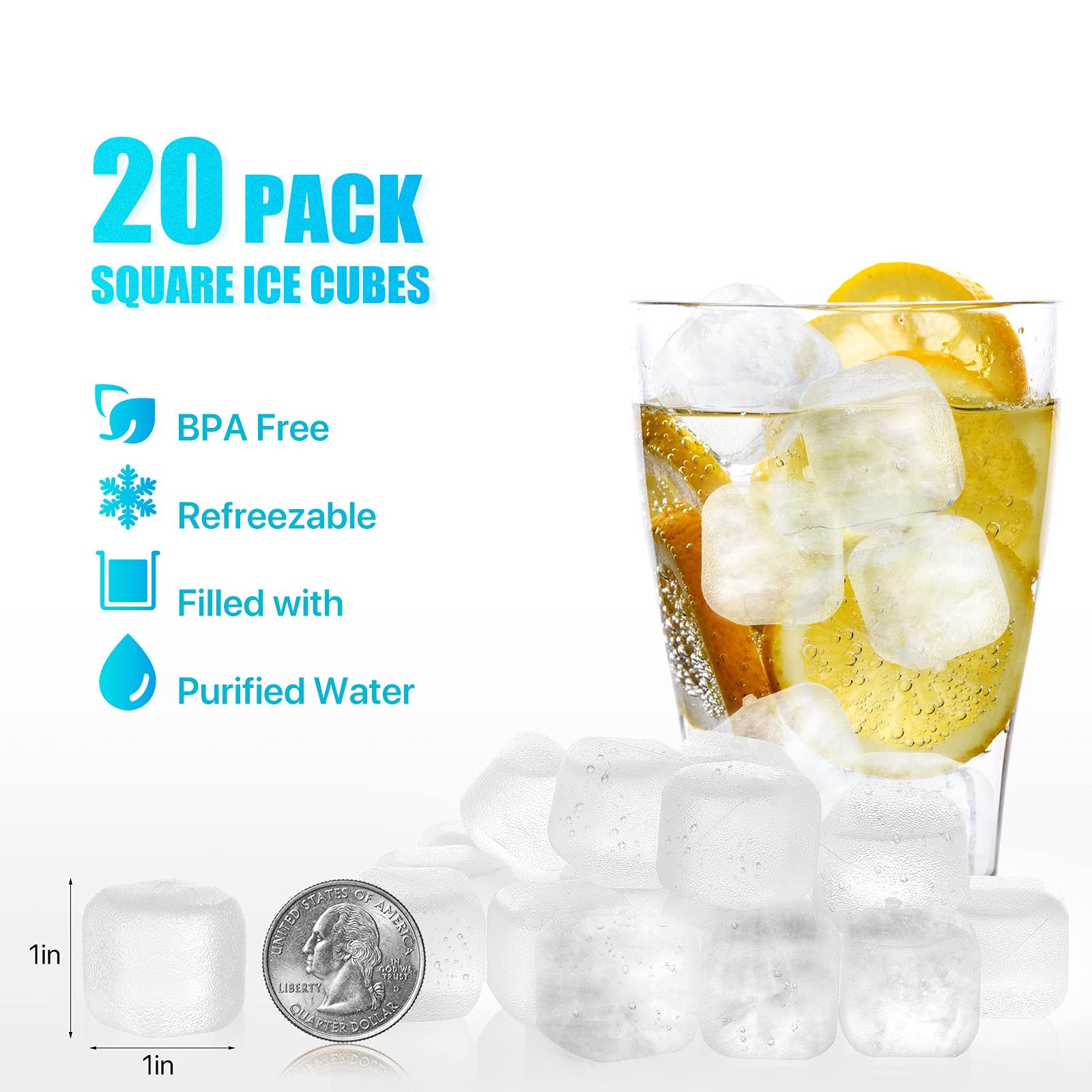 Reusable Ice Cubes for Drinks, 20 Pack Refreezable Plastic Ice Cubes BPA Free...