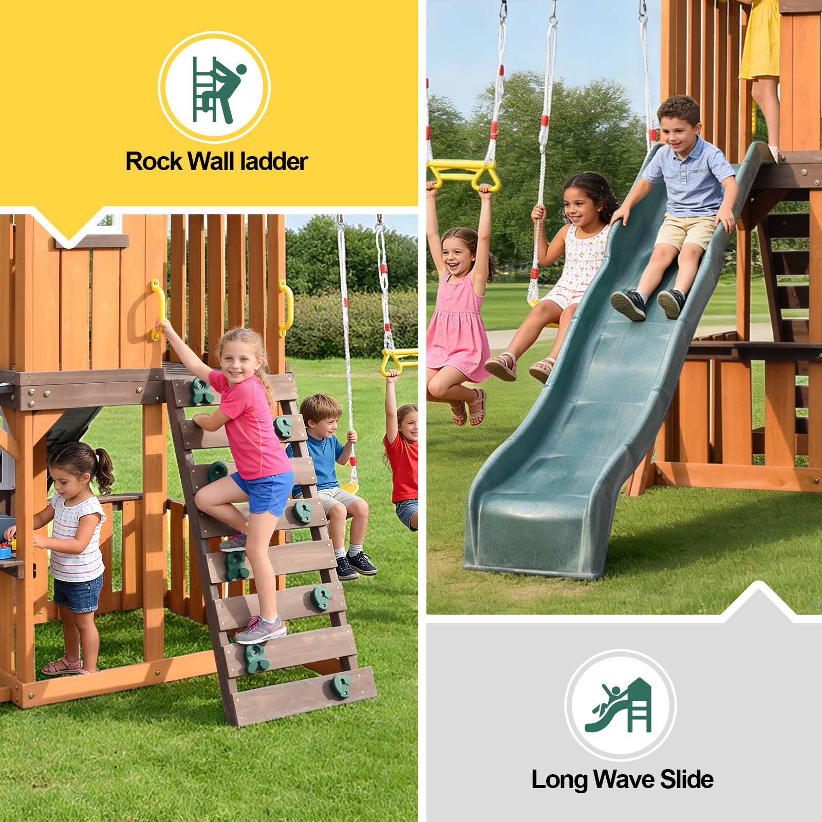 Large Wooden Kids Swing Slide Set Playhouse Kitchen,Rock Wall Outdoor Playground