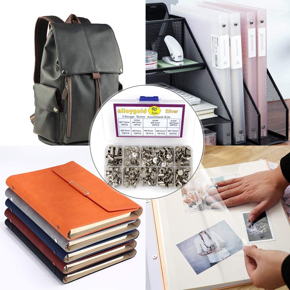 90 Sets Chicago Screws Leather Rivets Assorted Kit M5 6 Sizes Silver