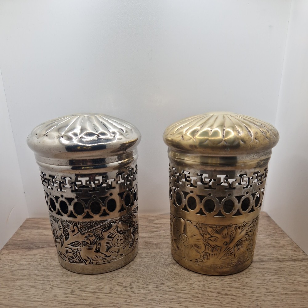 2 X SILVER PLATED LIDDED CANISTERS EMBOSSED PATTERNED VINTAGE DECORATIVE