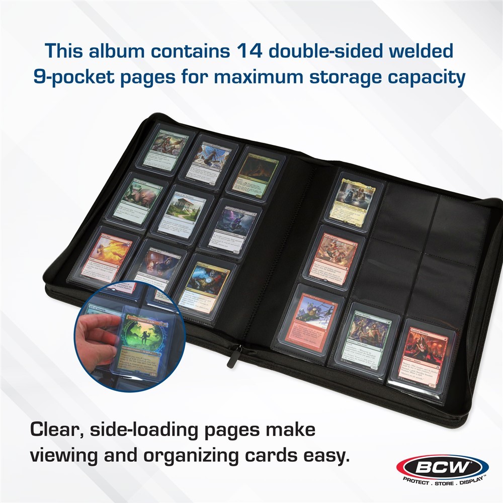 BCW Z-Folio 9 Pocket Card Toploader Black LX Leatherette Zippered Storage Album