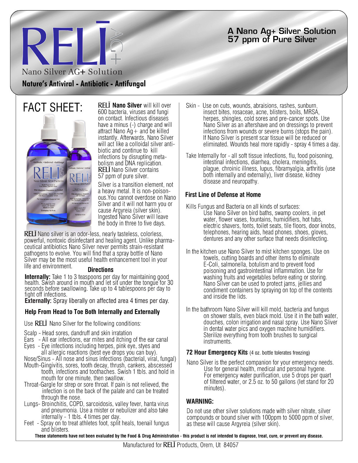 RELI NANO SILVER AG+ SOLUTION, 57 PPM, 4 - 16 oz bottles