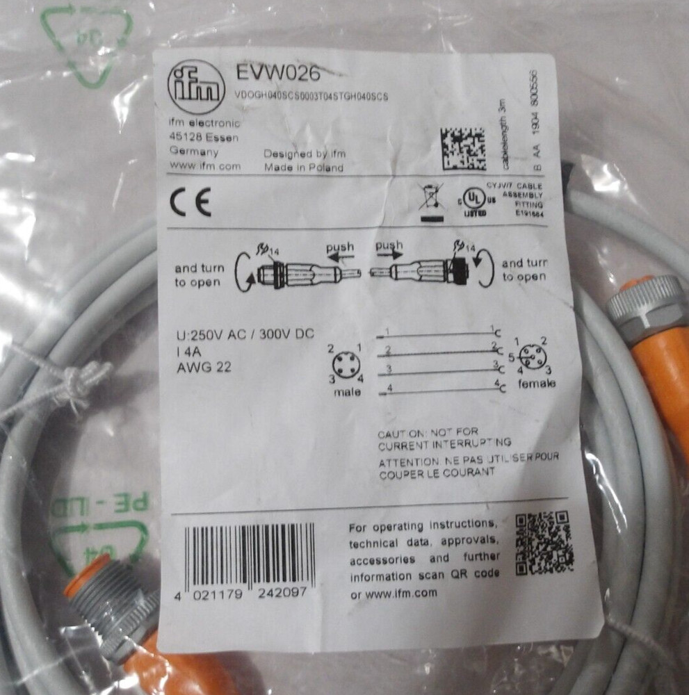 EVW026 IFM Electronics Connection Cable EVW 026 Sealed Unused Surplus