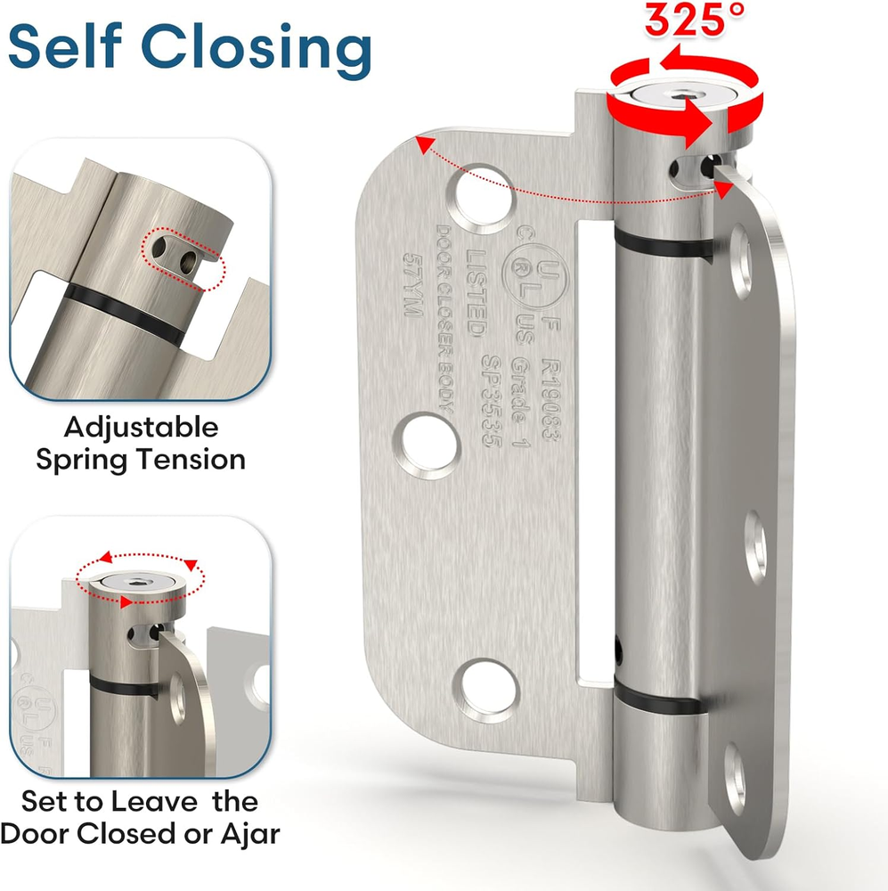 Self Closing Door Hinge, Auto Closing Spring Hinge with Adjustable Tension, 3.5