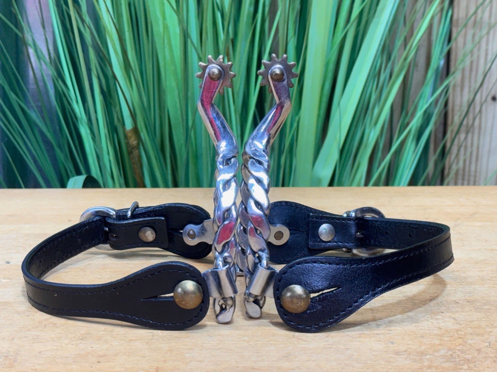 Stainless Steel Braided Western Spurs w New Black Leather Straps