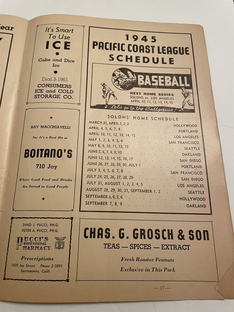 1945 Pacific Coast League Solons Baseball Program Doubleday Park Sacramento Ca