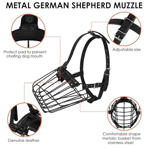 Adjustable Metal Basket Muzzle for Medium Large Dogs - Durable Leather Straps, S