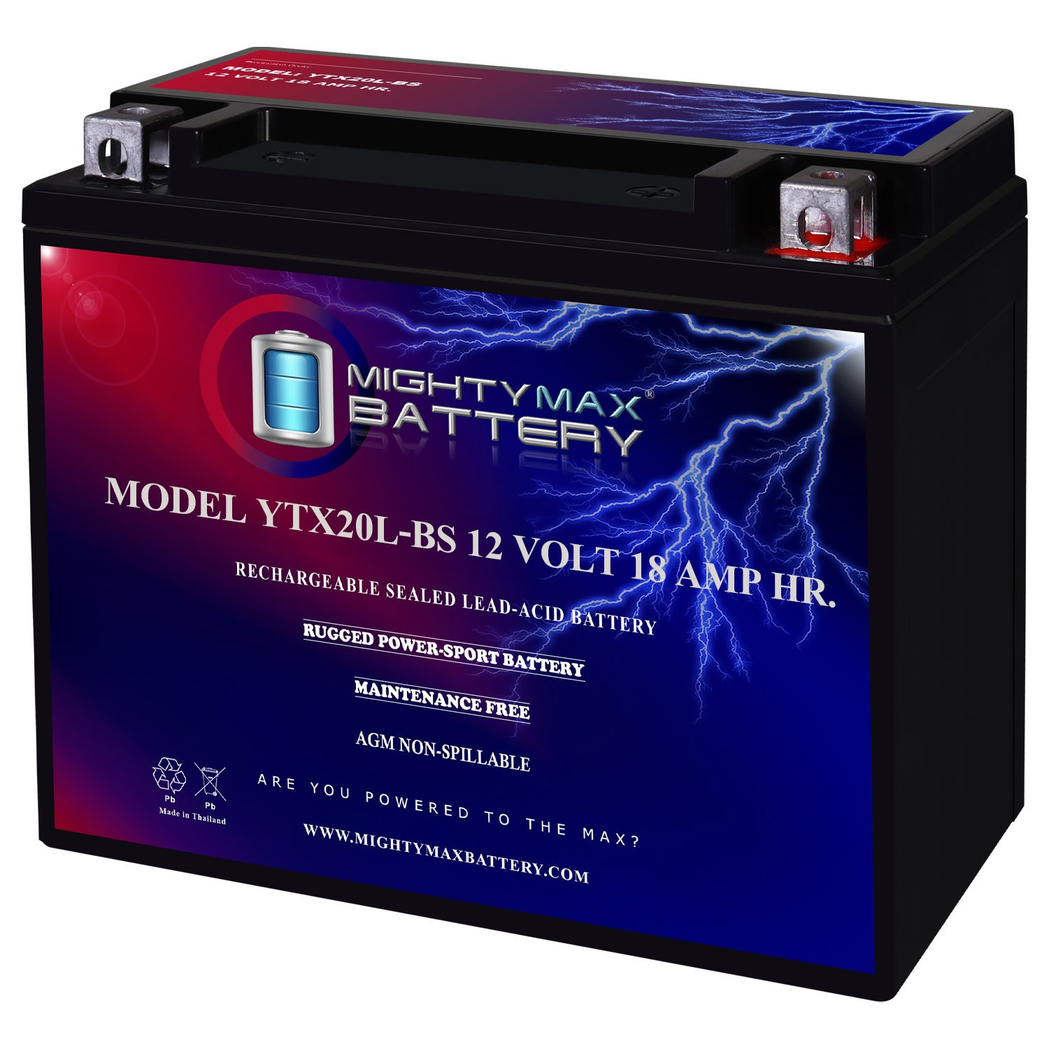 Mighty Max YTX20L-BS 12V 18AH 270 CCA, Rechargeable SLA AGM Motorcycle Battery