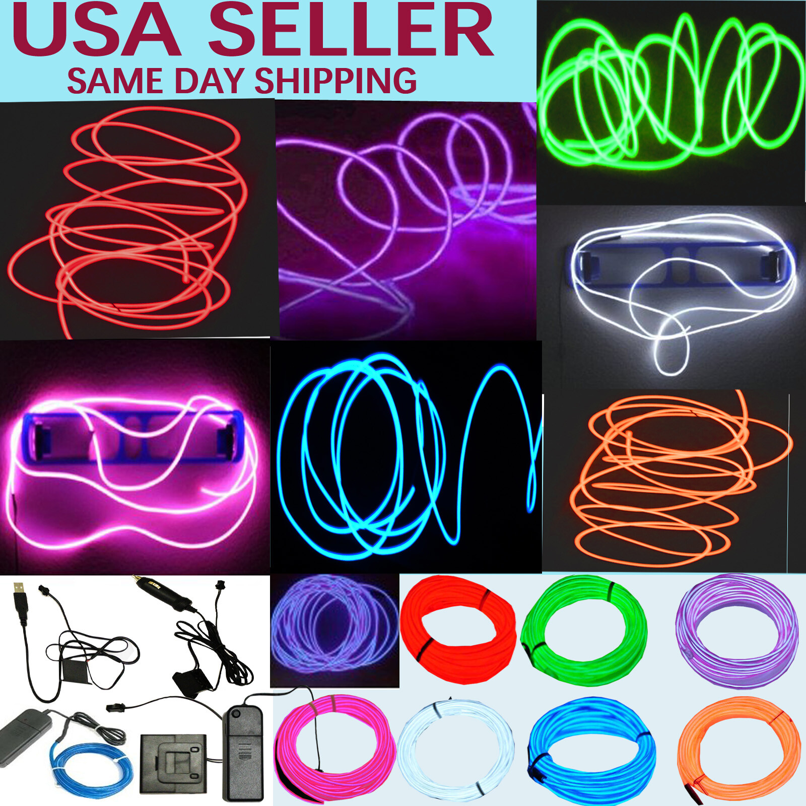 Neon LED Light Glow EL Wire String Strip Rope Tube Decor Car Party + Controller