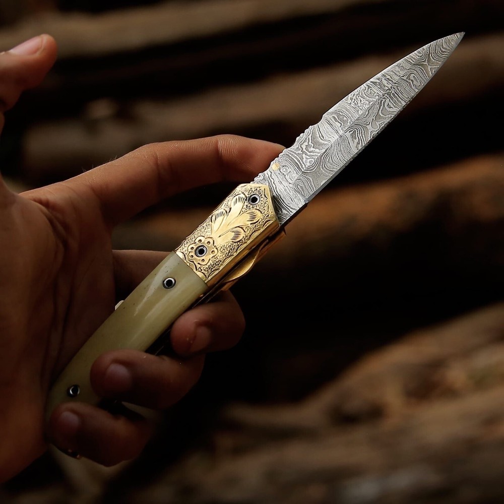 Custom Handmade Folding Blade Knife (Camel Bone Handle)