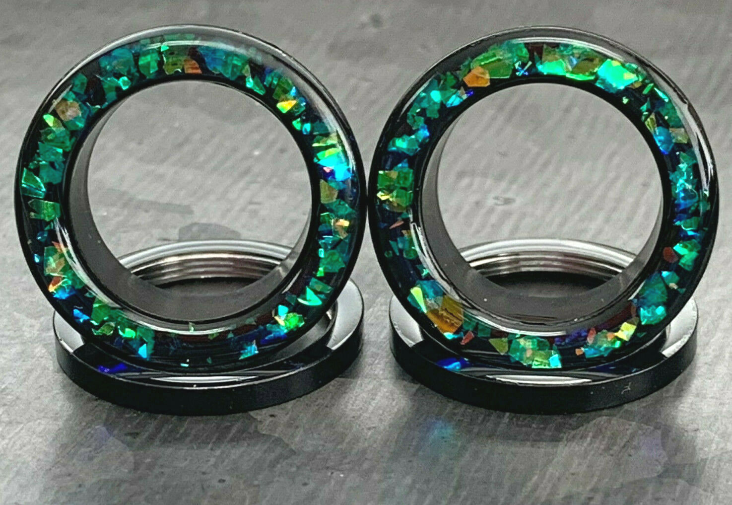 PAIR Green Opal Glitter Rim Screw Fit Tunnels Ear Plugs Earlet Rimmed Gauges