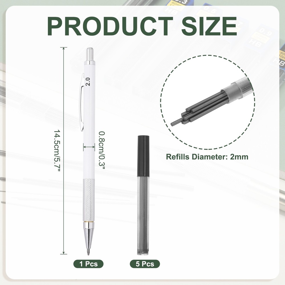 Mechanical Pencil 2mm Broad Point with 5Pcs Refills, White