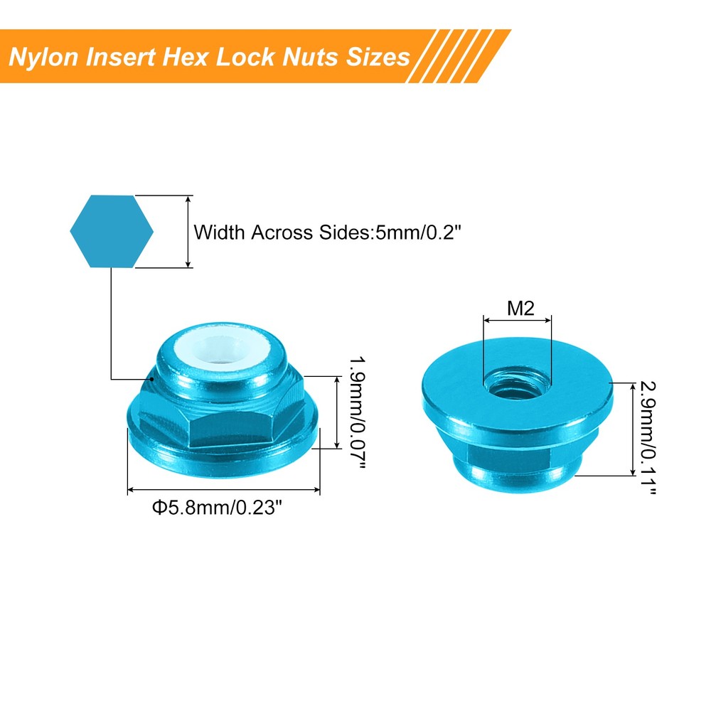 Nylon Insert Hex Lock Nuts, 4pcs - M2x0.4mm Self-Locking Nut(Sky Blue)