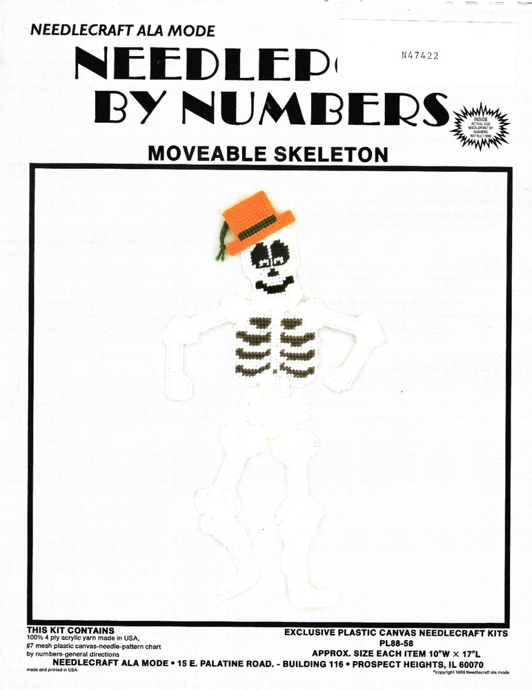 MOVABLE SKELETON WALL HANGING 7ct  plastic canvas PATTERN  (#TF0440)