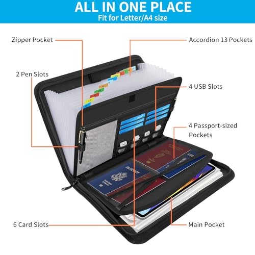 Fireproof Accordion File Organizer with Lock, Important Document Black