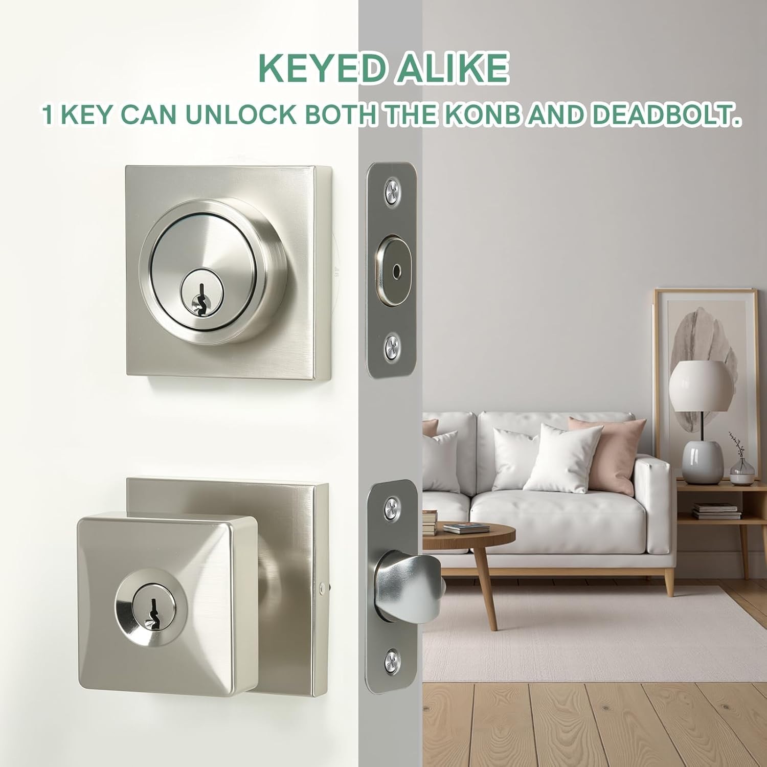 Heavy Duty Square Door Knob with Deadbolt,Front Door Lock Set- Brushed Nickel