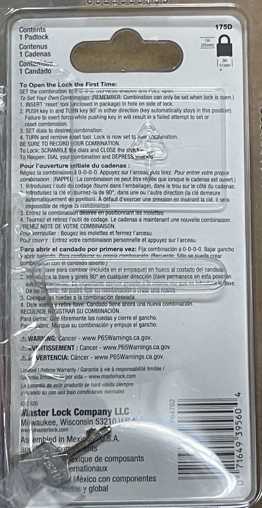 Master Lock 175D Combination Lock With Key