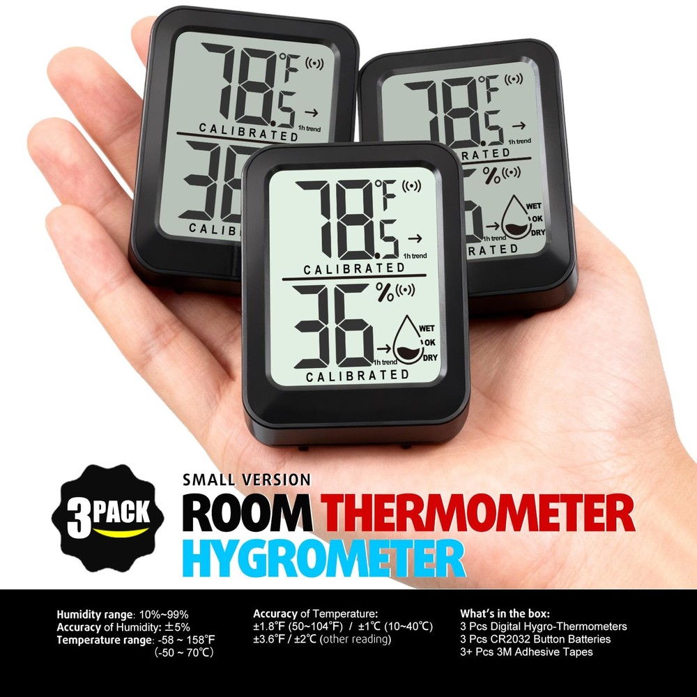 AyayaBoss 3 Pack Room Mini Temperature Humidity Meter 3 - Black