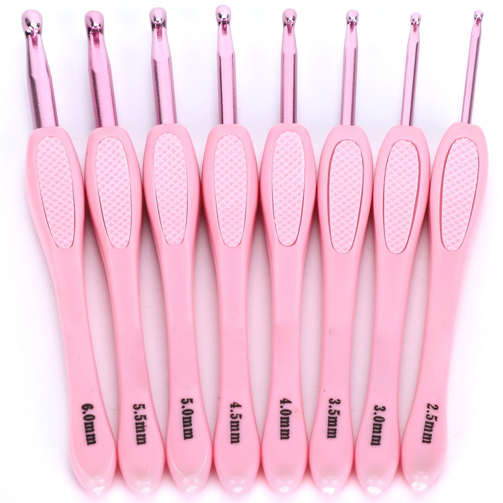 Pink 8Pcs Crochet Hook Thread Knitting Tools ABS Plastic Handle Ergonomic