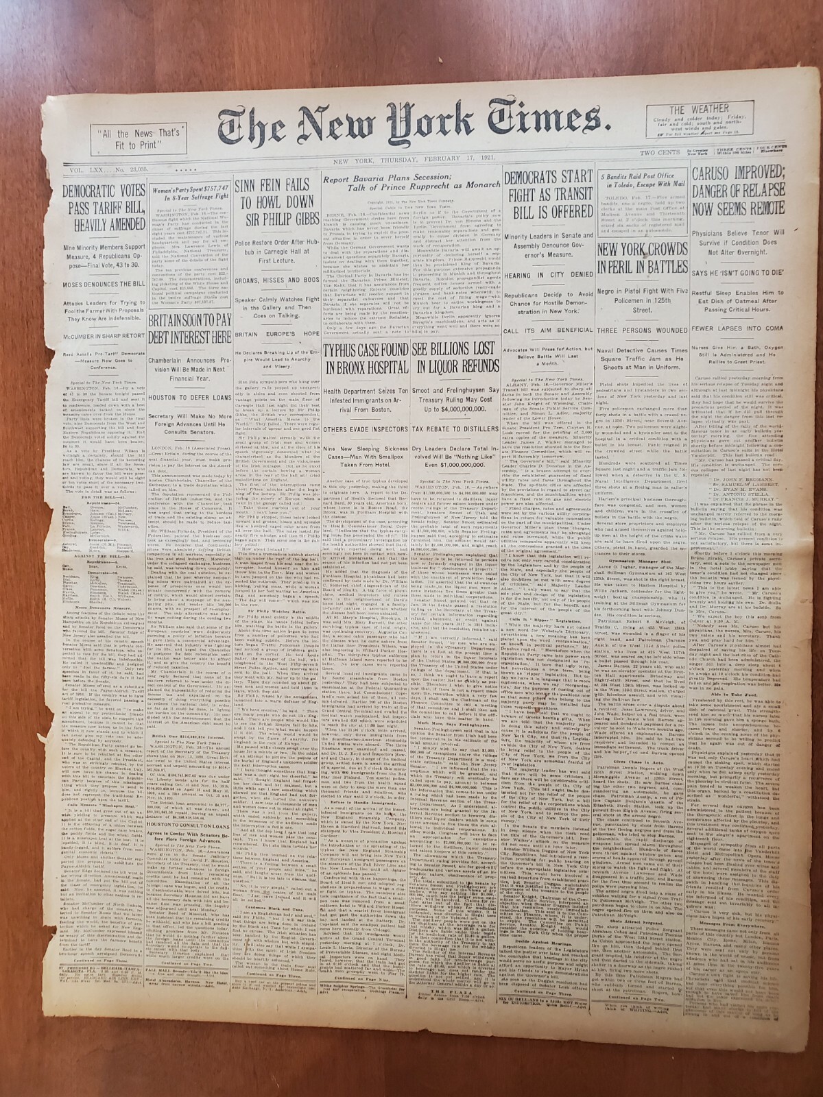 1921 FEBRUARY 17 NEW YORK TIMES - CARUSO IMPROVED; RELAPSE SEEMS REMOTE- NT 8126