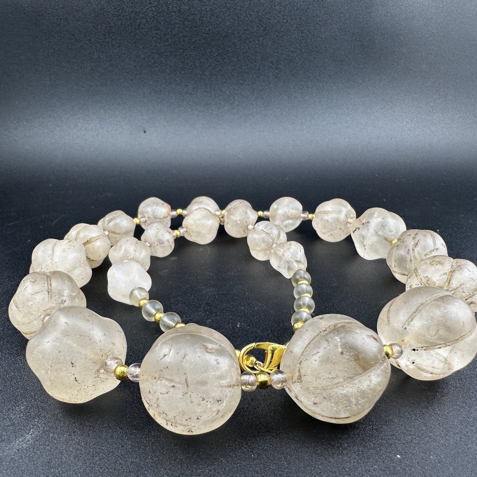 Old Himalayan Regions Crystals ￼ Beads Carving Gold Plated Beads Necklace Rare