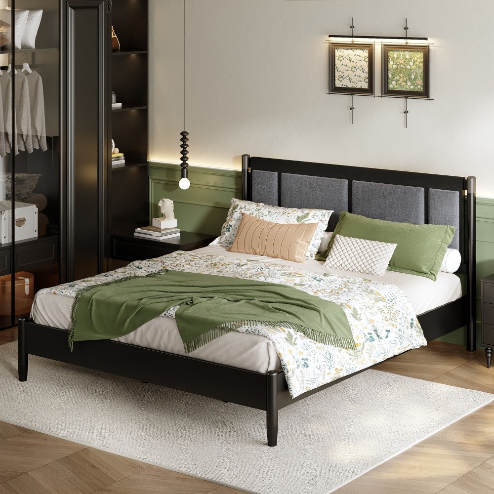 Solid Wood King Bed Frame w/ Upholstered Headboard, 600lb Support, Black