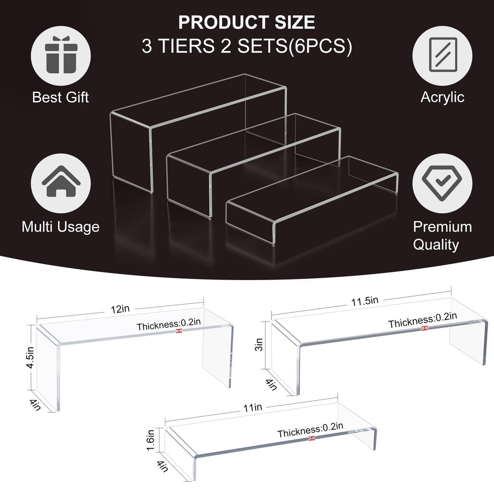 Acrylic Display Risers 6pcs 12'' Large Stands Thickened to 0.2''(5mm) Stackable