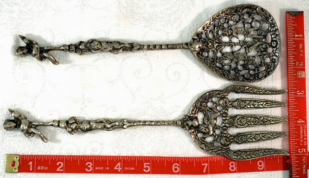 Silverplate Cupid Themed Serving Fork & Spoon Intricate Pierced Pattern Detailed