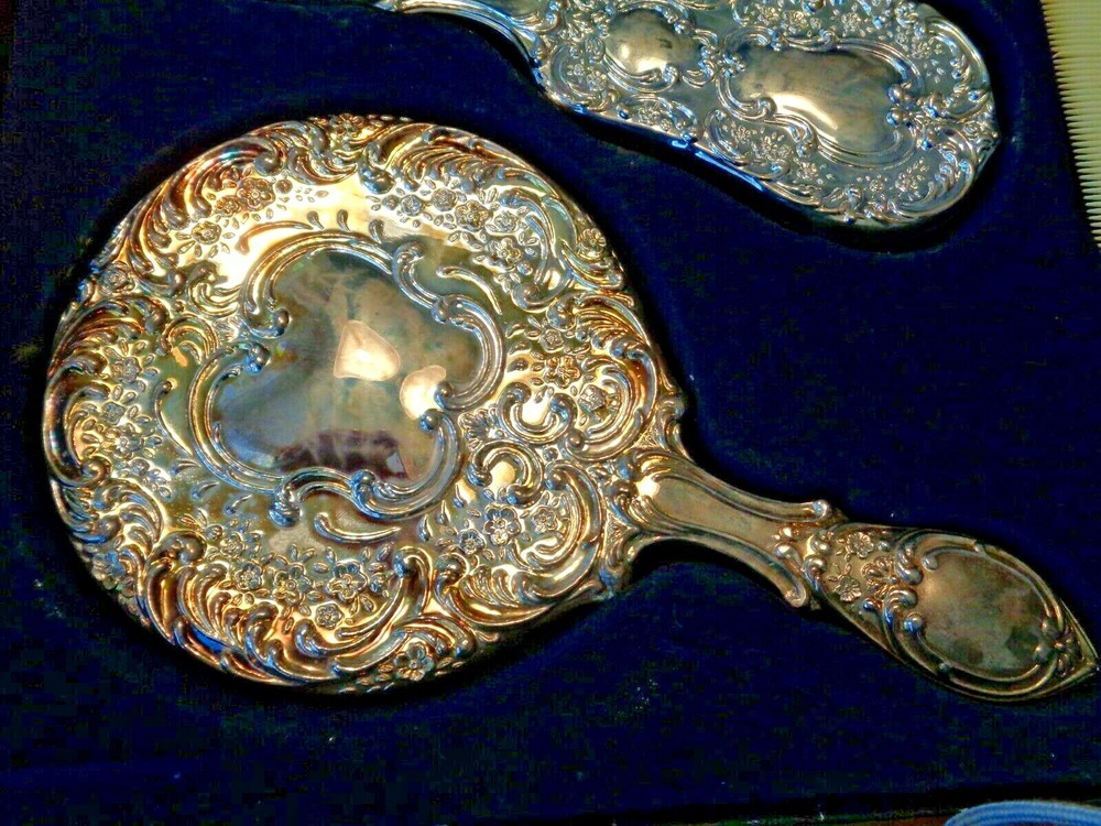 Vintage Silver-Plated 3-Piece Dresser Set Mirror Brush Comb - Silverstar w/ Box