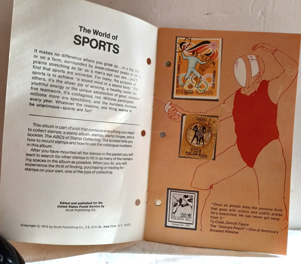 THE WORLD OF SPORTS STAMP ALBUM 1974 USPS COUNTRY & OLYMPICS STAMPS INCLUDED