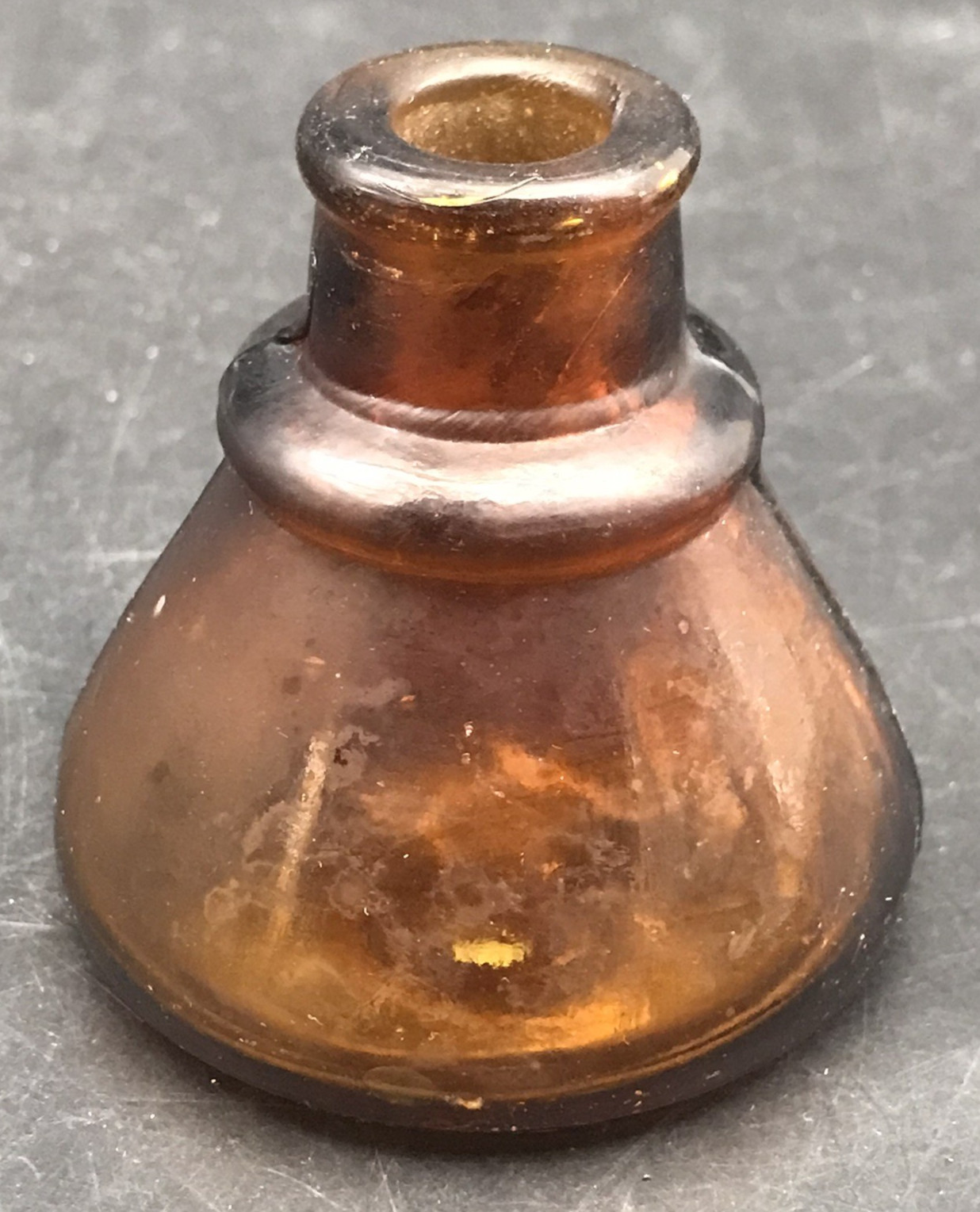 Antique Brown Cone Shaped Inkwell Pressed Glass Bottle 2 1/2" Tall