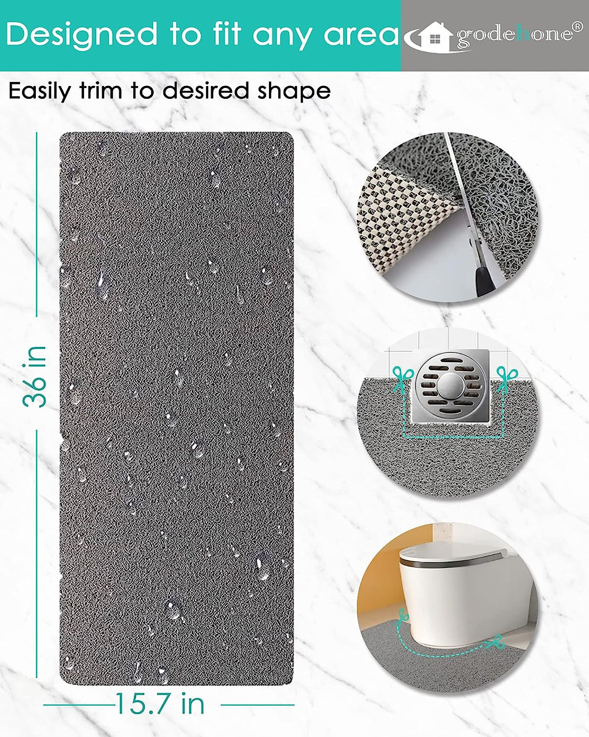 Non Slip Shower Mat No Suction Cups 15.7x36 Grey PVC Quick Dry Bathroom Rug