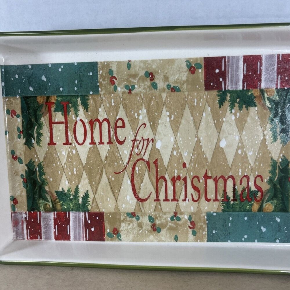 Home For Christmas Stoneware Lime Green Rectangular Serving Platter Retro Vtg