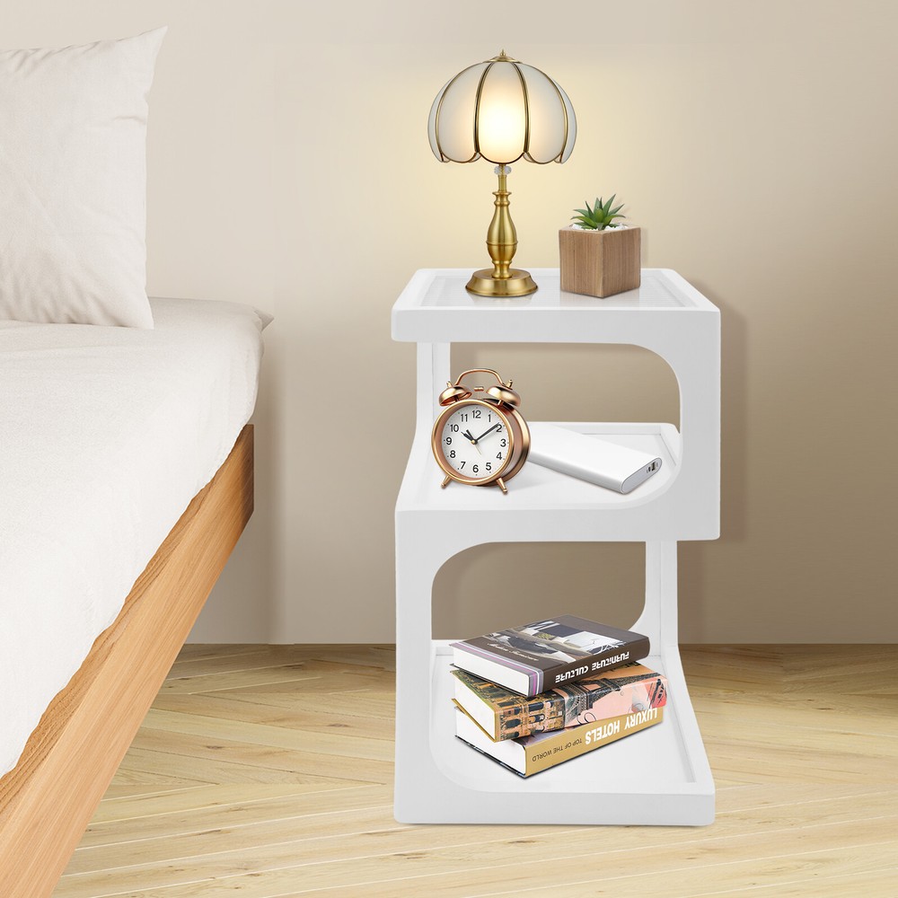 3-Tier Solid Wood Nightstand, End Table for Small Spaces with Open Storage