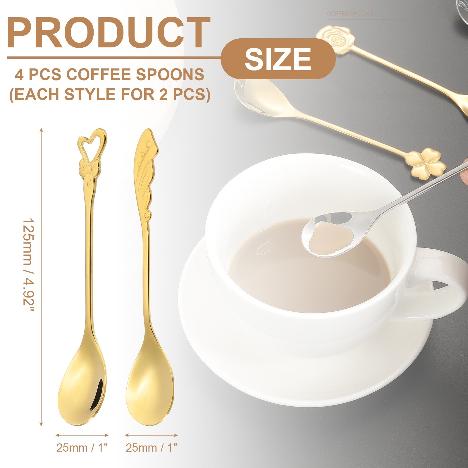 4pcs Coffee Spoons, Heart/Wings Tea Spoons Stainless Steel, Gold