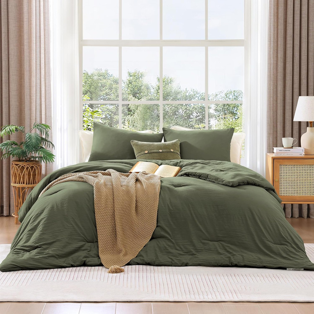 Queen Comforter Set - 3 Pieces Prewashed Olive Green Comforter Soft Lightweight