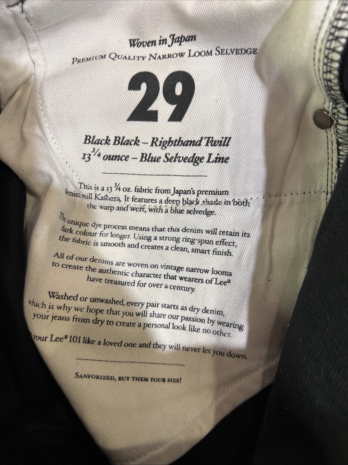 Lee 101z 29x32 Black Black Right hand Twill Blue Selvedge 13oz Japan Fabric
