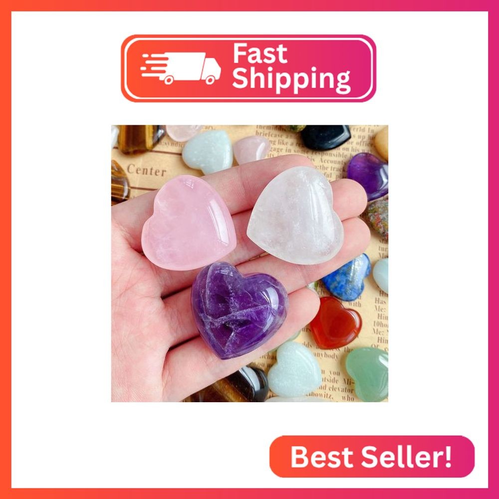 QINJIEJIE 1.2" Large Heart Crystals Rose Quartz Amethyst Healing Clear Crystal H