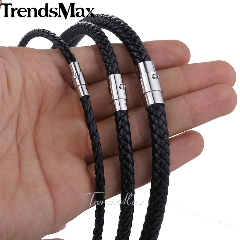 4/6/8mm 16"-36" Black Braided Leather Cord Necklace Choker Steel Magnetic Clasp