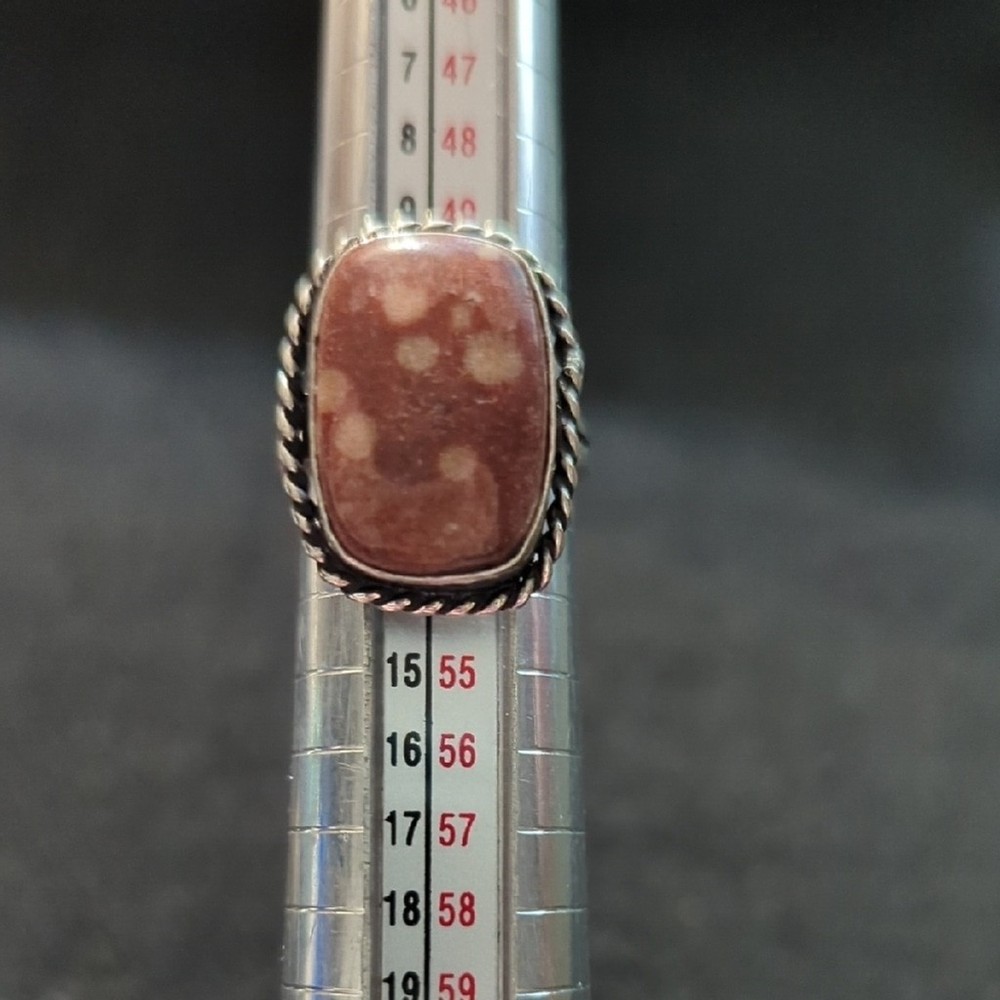 Silver Plated Brown Peanut Jasper Gemstone Rectangular Statement Ring - size 5-7