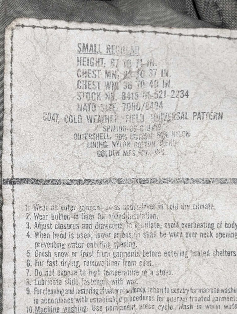 Military Issue Field Jacket Coat Cold Weather Universal Pattern Small Regular