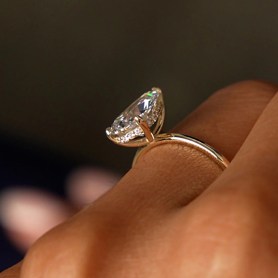 3 Ct Pear Cut Lab Grown Diamond Hidden Halo Engagement Ring 14k Yellow Gold