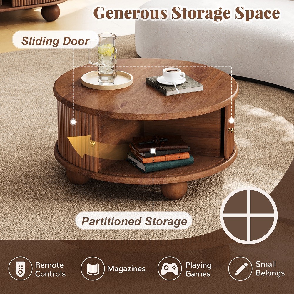 Round Fluted Coffee Table with Storage Pine Solid Wood Sliding Door Walnut Color