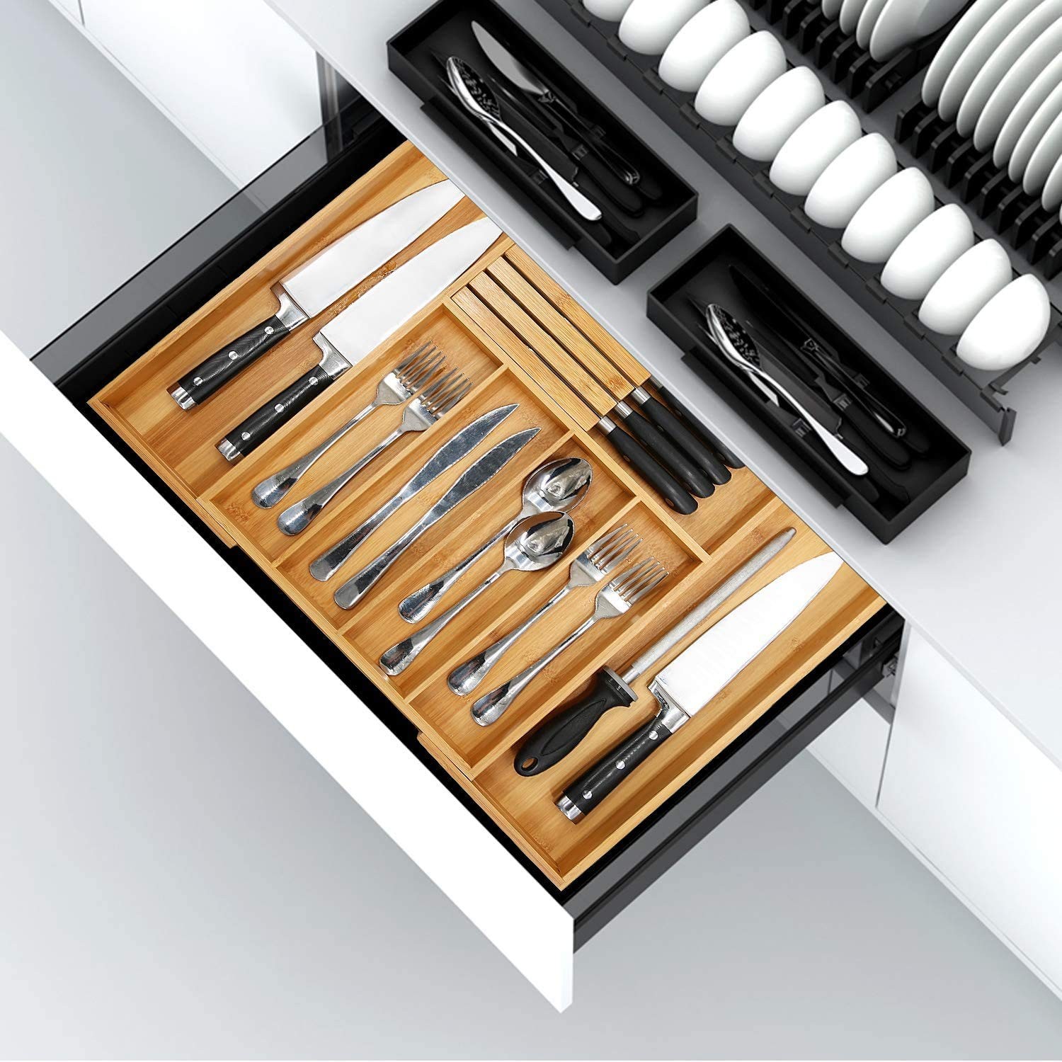 VaeFae Bamboo Silverware Drawer Large - Expandable with Block, Natural