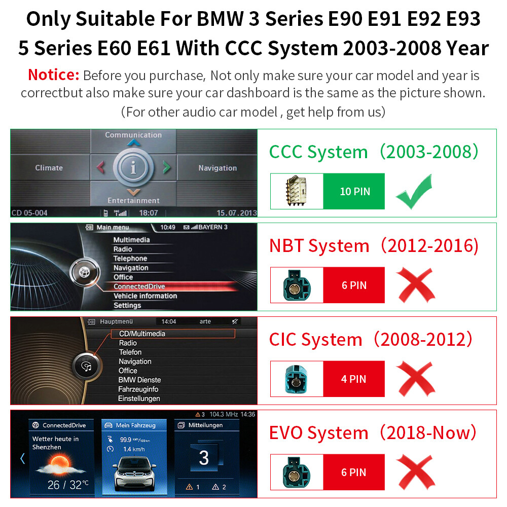 For BMW 3 5 Series E90 E91 E60 E61 E63 CCC Wireless CarPlay Auto Car TouchScreen