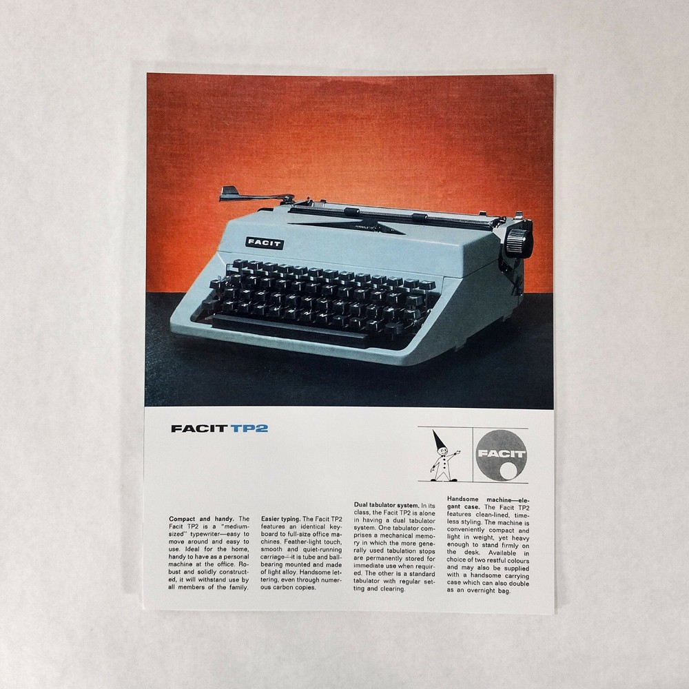 Facit TP2 Typewriter User Instruction Manual and Ad Insert