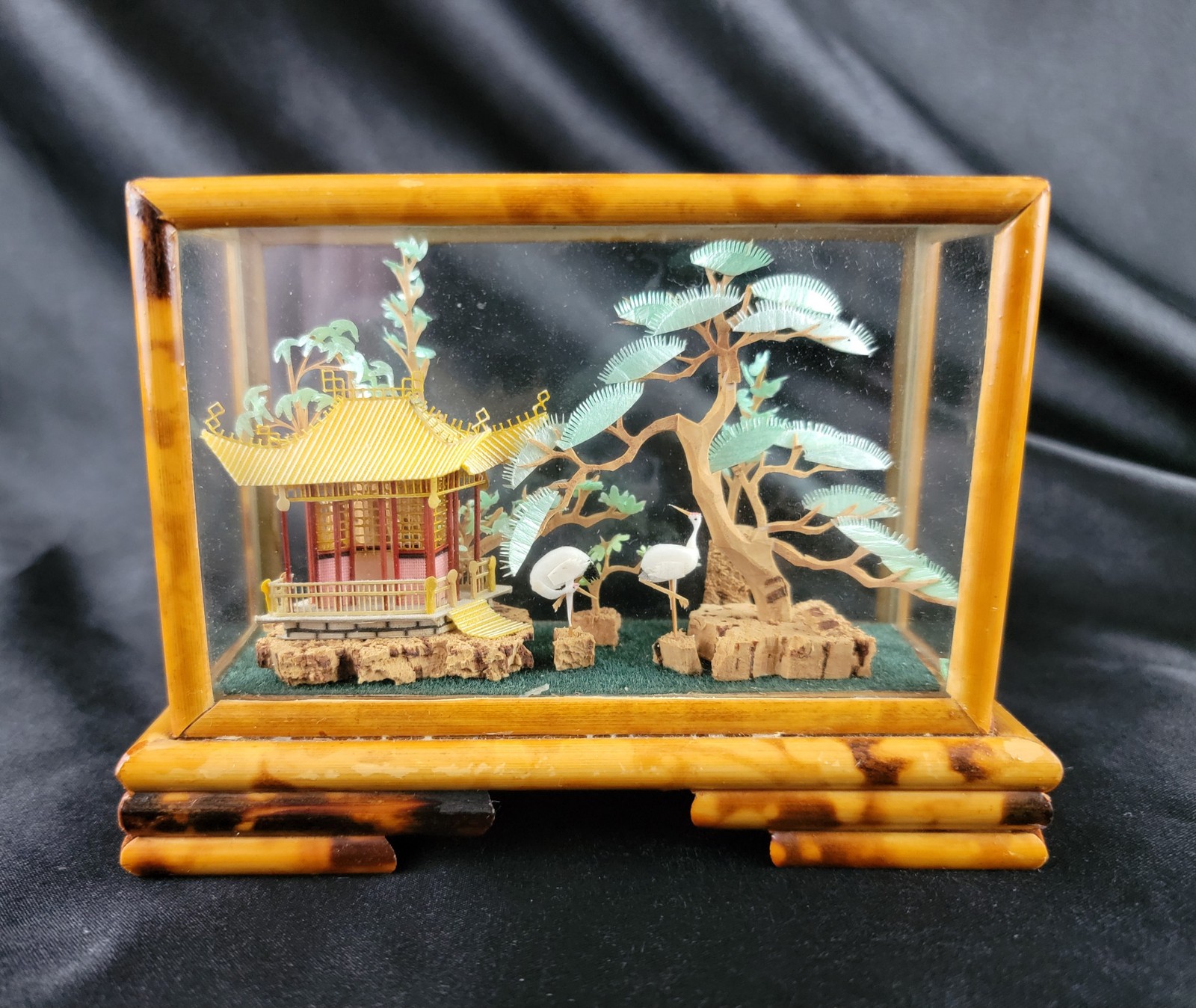 3D Carved Sculpture China Japan Pagoda Bonsai Tree Storks Cranes Vintage