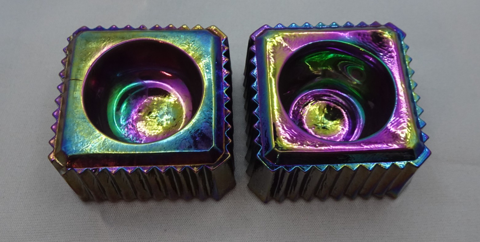 (2) E.E. Ed Bowman Wetzel Glass Fluted Square Open Salt Dip Purple Iridescent