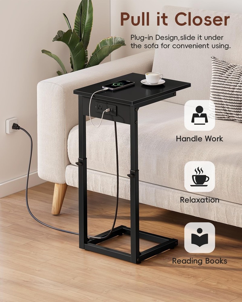C Shaped End Table with Charging Station, 33"Tall C-Table End Table Adjustabl...
